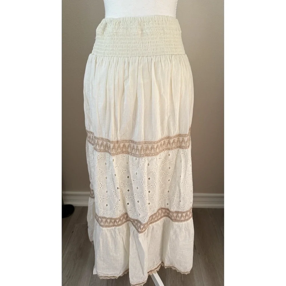 Boho Cottagecore Cotton Eyelet Maxi Skirt Smocked Waist Cream Small - Picture 5 of 11